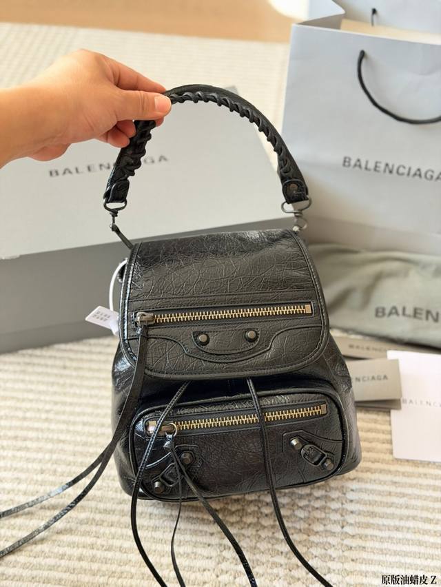 Original oil-waxed leather p340 Balenciaga motorcycle backpack, black crinkled l