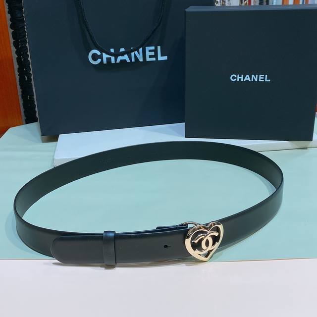180 Chanel Logo 爱心Cc扣 黄铜金色金属 3.0Cm精品 小牛皮腰带 手感极佳 典雅 欧码75、80、85、90、95、100 不含扣长度